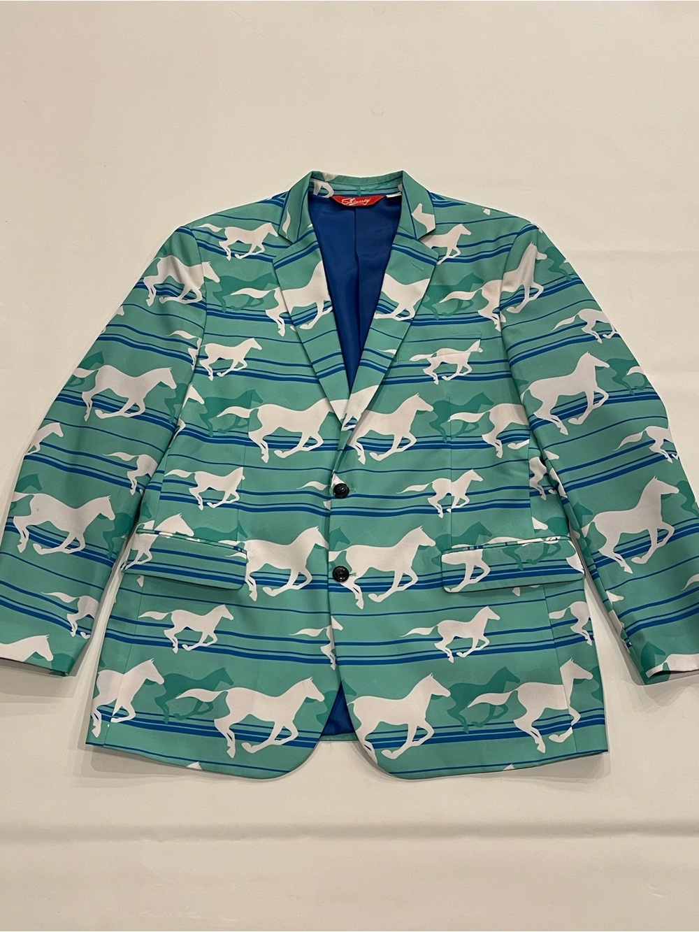 Shinesty Men's Horse Print Blazer 44R Grn Blue White 2-Button Inner Pockets.#606